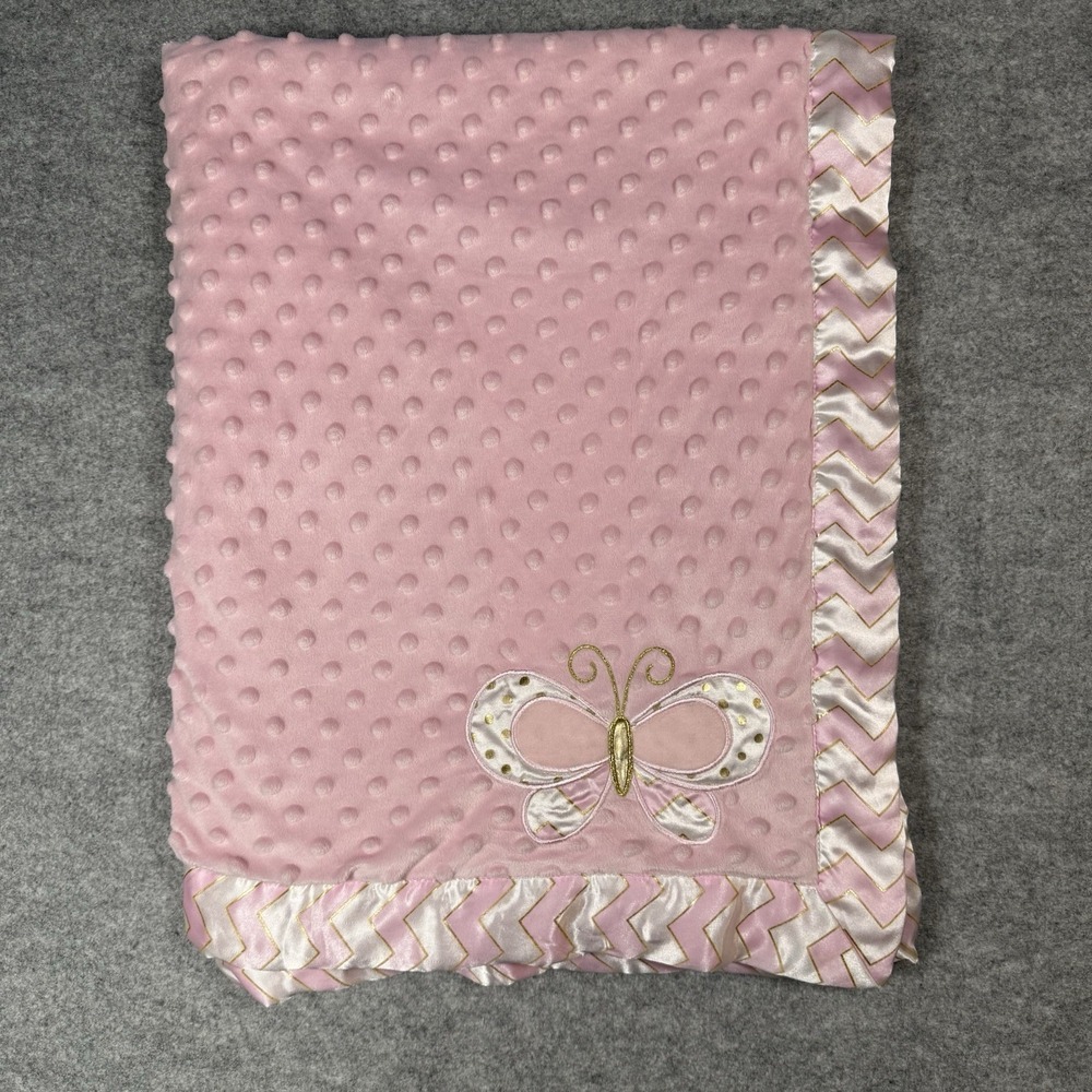 A.D. Sutton & Sons Pink Butterfly Baby Blanket Minky Dot Gold Chevron Trim 2018